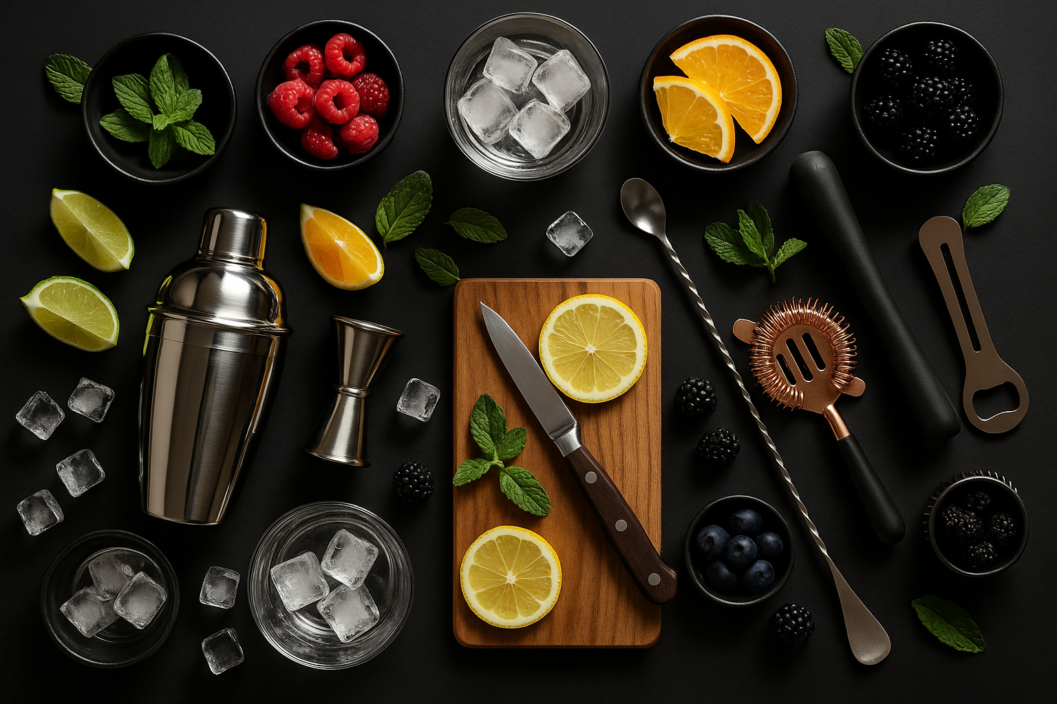 Une station de bar vu du dessus avec des fruits et des ustensiles de bar. Le tout sur fond noir